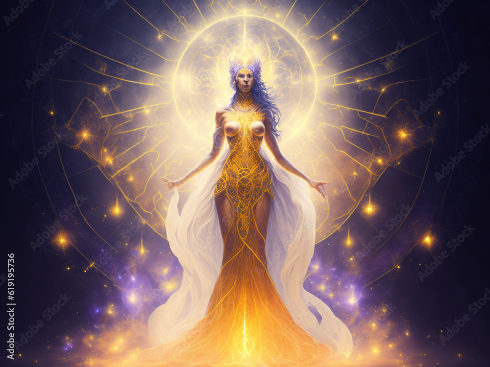 Divine Figure in Transcendent State with Brilliant Aura of Light - Spiritual Power Symbols Divine Figure in Transcendent State with Brilliant Aura of Light - Spiritual Power Symbols