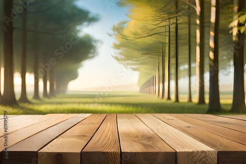 The Empty Brown Wooden table with blur background of a plantation  an Exuberant image with Generative AI