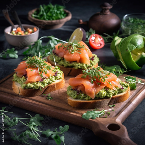 Open sandwiches with salted salmon, guacamole avocado and microgreens. Seafood. Healthy food. Generative AI