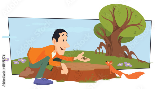 Man feeds squirrel in forest. Illustration for internet and mobile website.