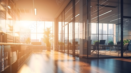 Beautiful blurred background of a light modern office interior with panoramic windows and beautiful lighting Generative AI