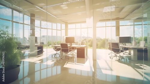 Beautiful blurred background of a light modern office interior with panoramic windows and beautiful lighting Generative AI