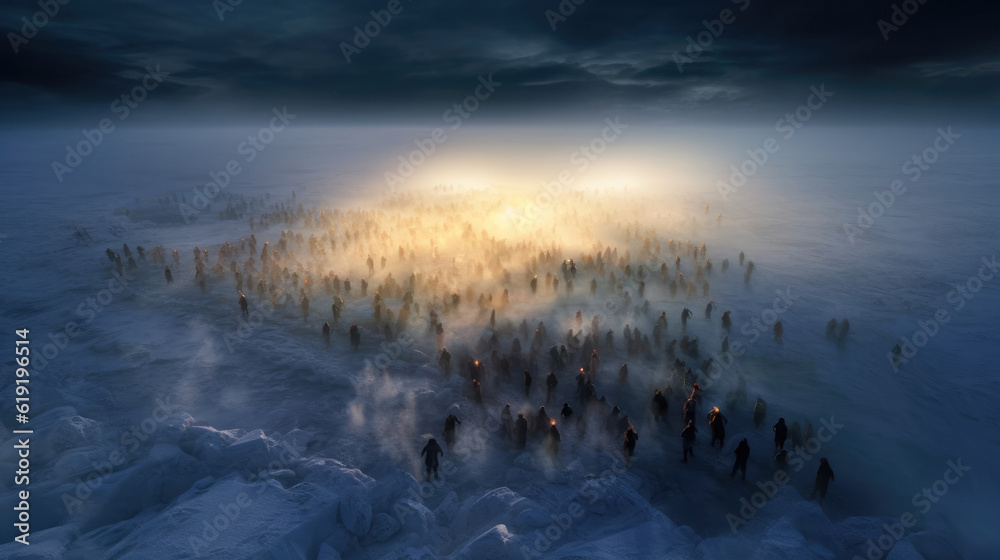 Φωτογραφία A group of surviving refugees crossing a frozen sea on foot in the winter Genera