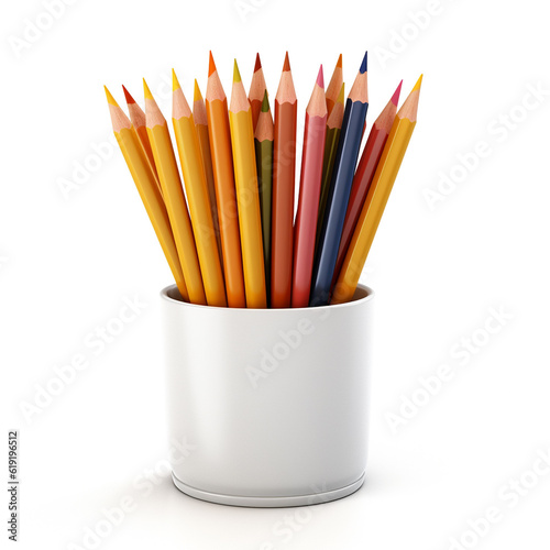 Array of multi-coloured pencils in white cup