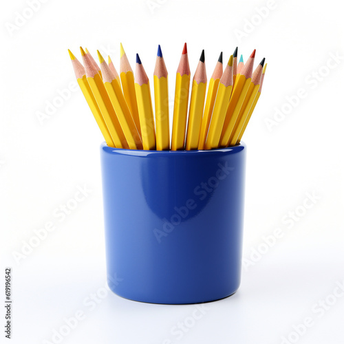 Large collection of pencils in a blue cup on a plain white background
