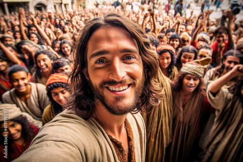 A selfie of Jesus Christ with the crowd of people behind Him Generative AI Illustration photo