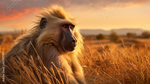 Baboon on savanna landscape with refreshing sunset background photo