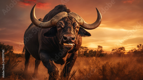 Buffalo on savanna plains with beautiful sunset background mock-up