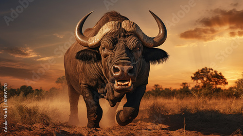 Buffalo on savanna landscape with beautiful sunset background mock-up