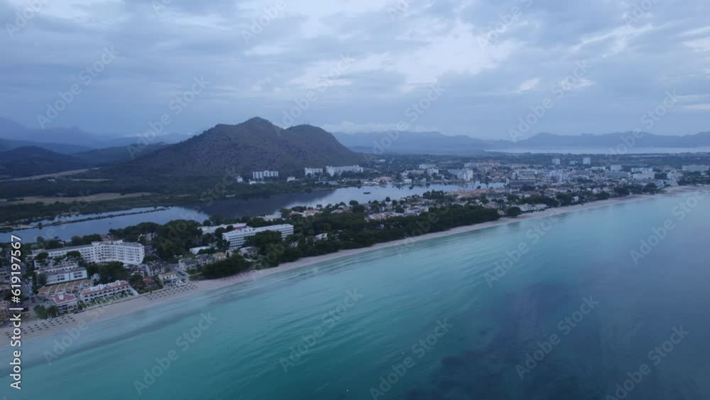 Sunrise drone aerial view over coastline resorts in Mallorca on a cloudy day Sunrise drone aerial view over coastline resorts in Mallorca on a cloudy day