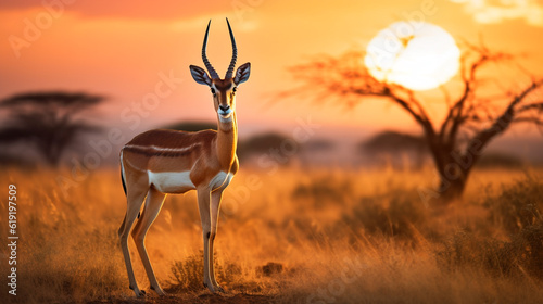 Gazelle on savanna plains with sunset background image photo