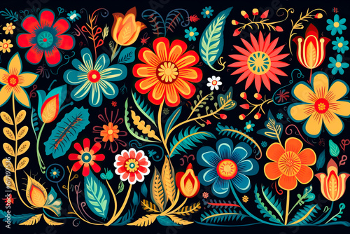 Colorful Mexican embroidery floral pattern on a black background. generative AI