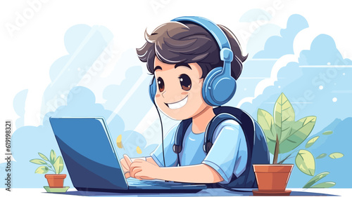 illustration, side view, happy cute little kid doing home school with computer laptop connection with internet study e-learning and course. e-learning web element