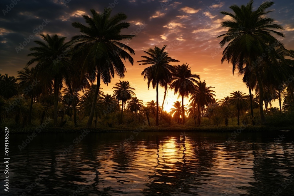 Tropical water and palms at sunset,Generative AI	