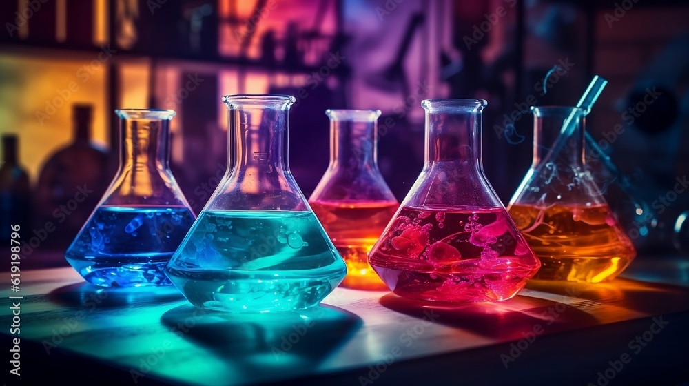 Laboratory glass dishes with bright liquid for the experiments of new quality universal colorful technology image illustration design, Generative Ai Laboratory glass dishes with bright liquid for the experiments of new quality universal colorful technology image illustration design, Generative Ai