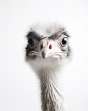 Common African ostrich (Struthio camelus) studio portrait shot on a white background. Generative ai.