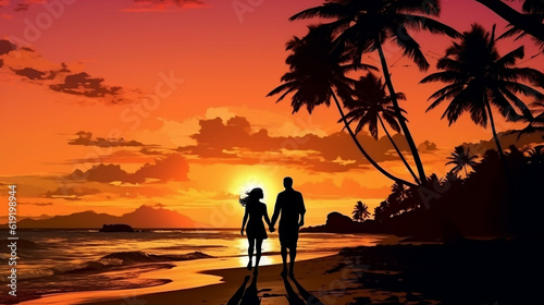honeymoon travel, silhouette of romantic couple on sunset beach, tropical holidays near the sea, man and woman together on vacation, Generative Ai