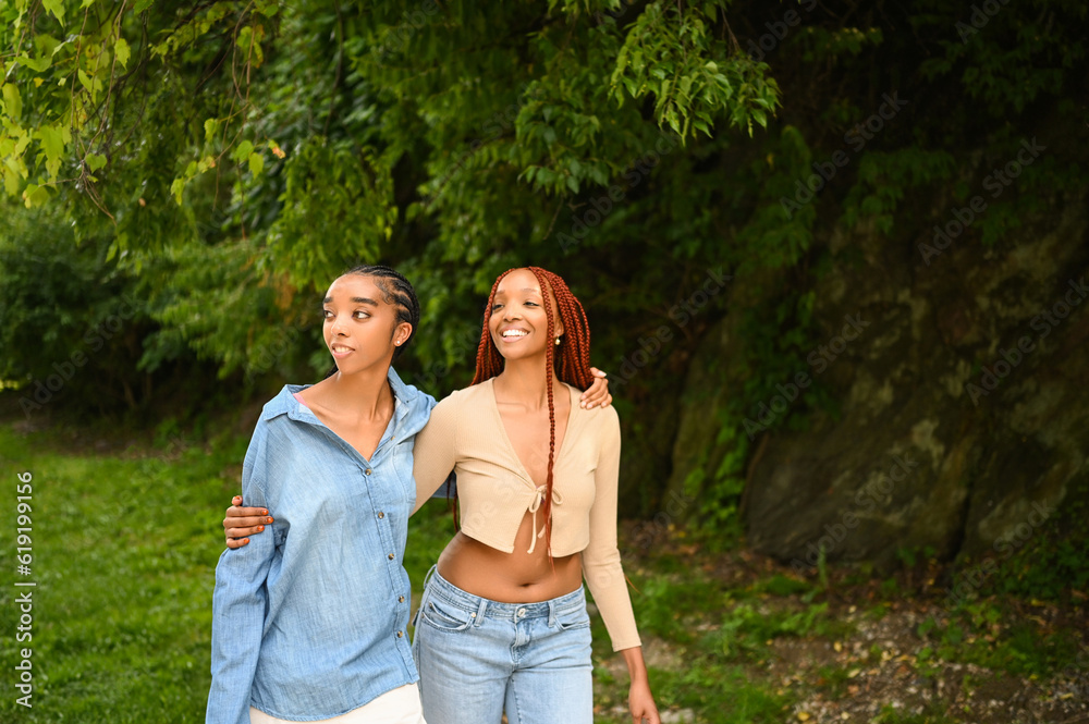 Street style portrait beautiful young African American female black couple. Braids hair, perfect white teeth smiling, sisters friends hugging walking outdoor in sunny summer day. Green park and city Street style portrait beautiful young African American female black couple. Braids hair, perfect white teeth smiling, sisters friends hugging walking outdoor in sunny summer day. Green park and city