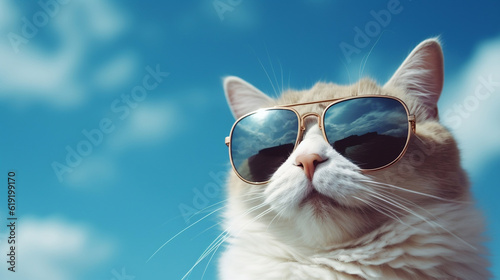 cat wearing sunglasses against blue sky in summer, created with Generative AI, Generative Ai