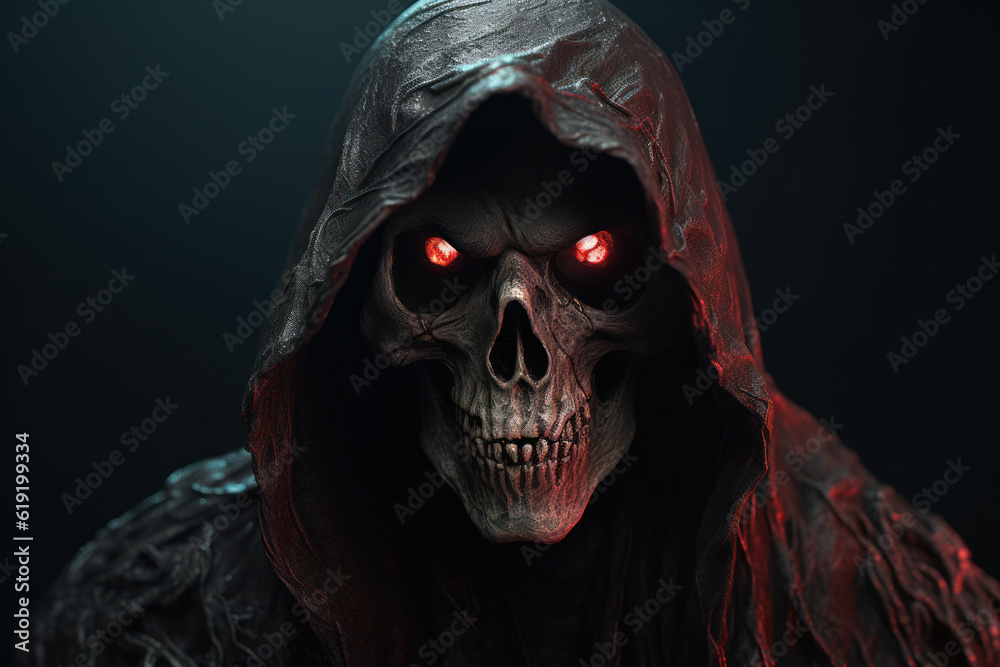 Grim reaper with glowing eyes over dark misty background. Generative AI Grim reaper with glowing eyes over dark misty background. Generative AI