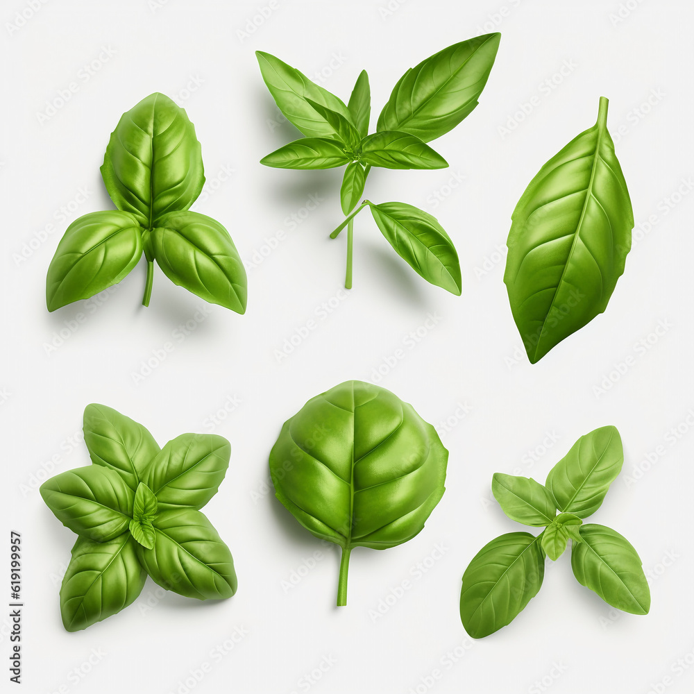 Set of basil leaves isolated on white background. Top view. Flat lay. Set of basil leaves isolated on white background. Top view. Flat lay.