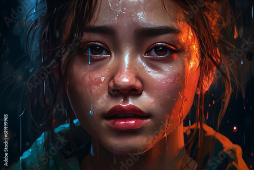 Close-up portrait of a beautiful young woman water drops on her face. Generative AI.