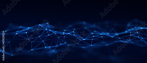 Dynamic wave of particles and lines. Abstract futuristic background. Big data visualization. 3D rendering.