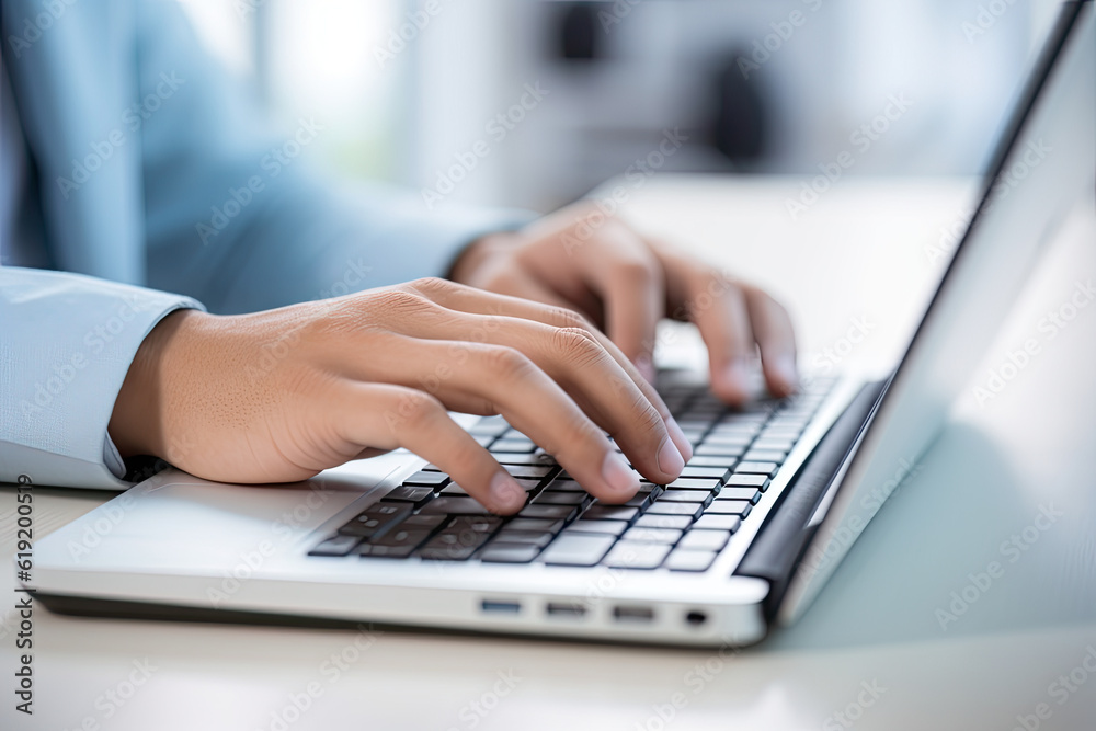 A close-up photo of an office worker's hands typing on a keyboard, background slightly blurred, focus on the hands