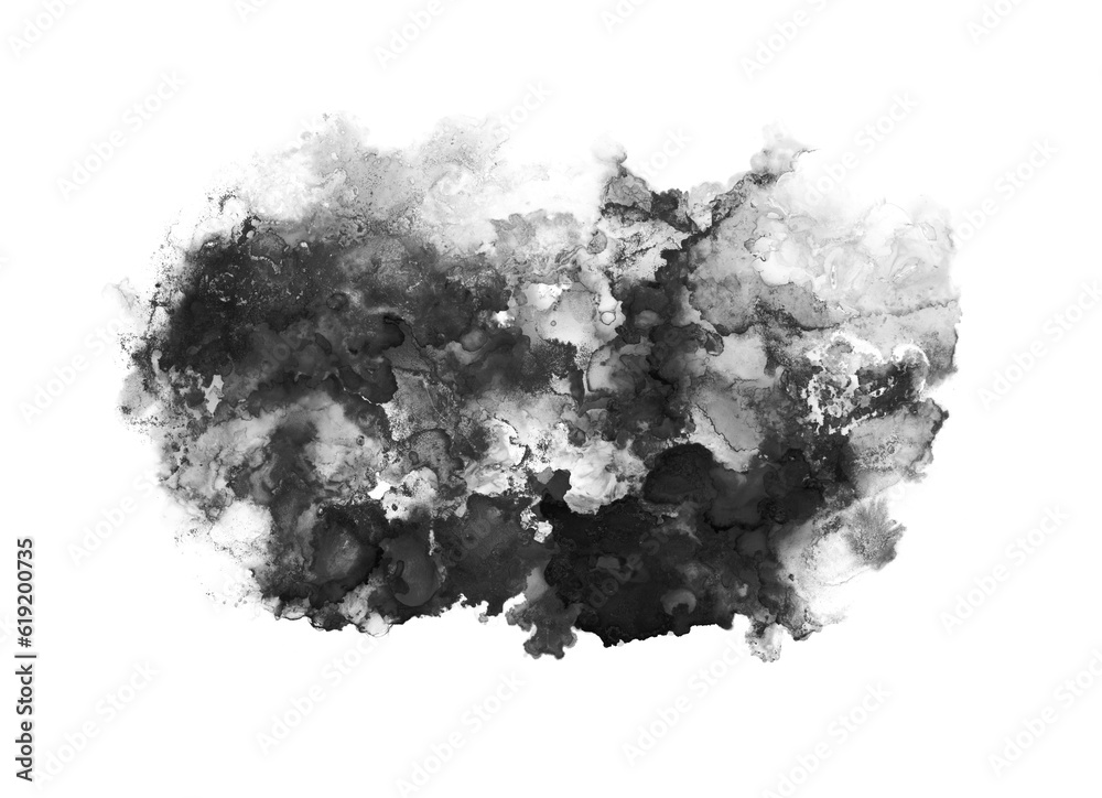 Art smoke painting smear ink black blot. Abstract contrast wet brushstroke stain on white background.