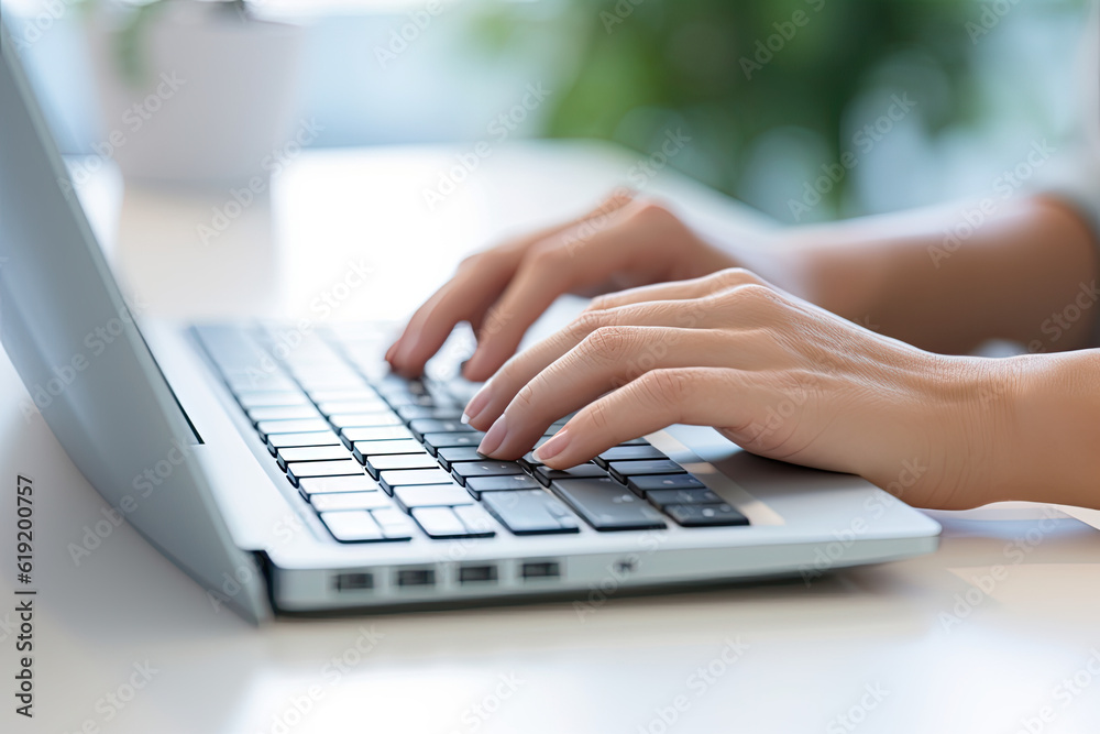 A close-up photo of an office worker's hands typing on a keyboard, background slightly blurred, focus on the hands A close-up photo of an office worker's hands typing on a keyboard, background slightly blurred, focus on the hands