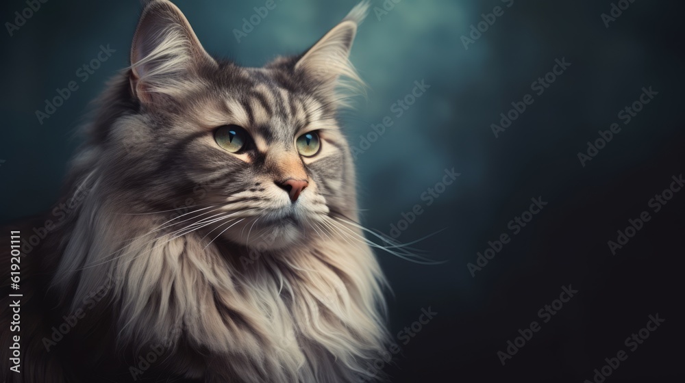 Fototapeta premium Maine coon cat horizontal photo portrait close up. Free space for text. Ai generated