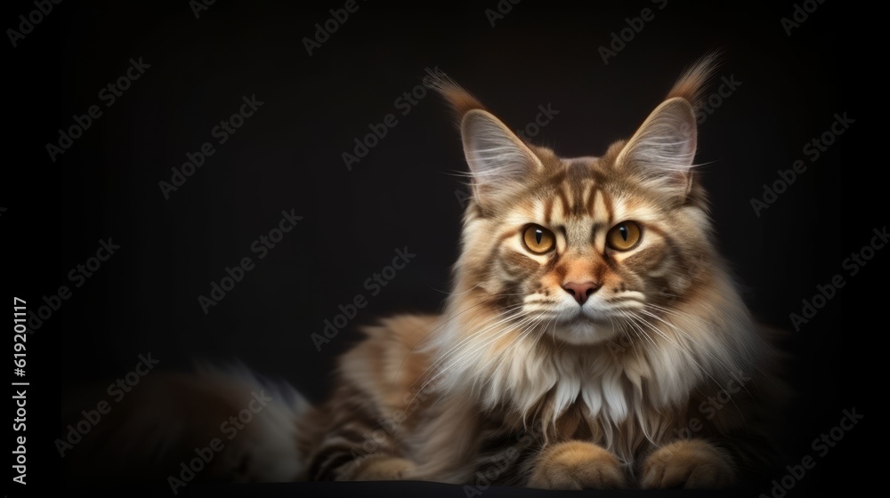 Maine coon cat horizontal photo portrait close up. A beautiful domestic a Maine coon cat looking at the camera. Ai generated