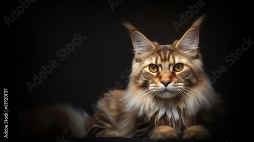 Maine coon cat horizontal photo portrait close up. A beautiful domestic a Maine coon cat looking at the camera. Ai generated © Magiurg