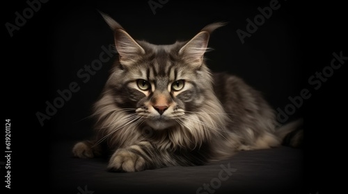Maine coon cat horizontal photo portrait. Maine coon cat looking at the camera. Ai generated