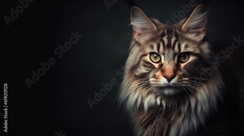 Maine coon cat horizontal photo on black background. Maine coon cat looking at the camera. Ai generated