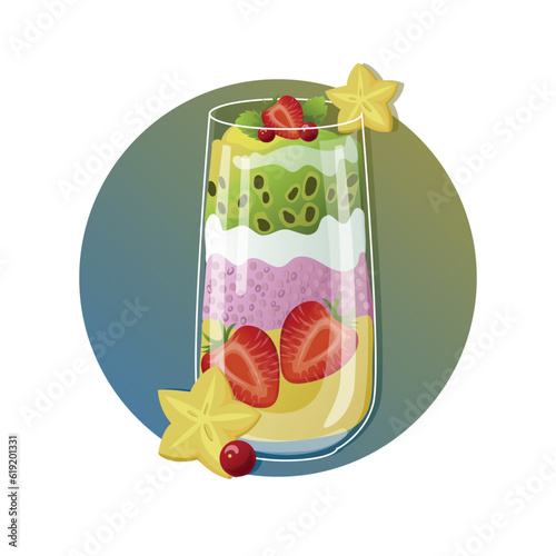 Mango and passion fruit parfait - bright and juicy vector illustration for menu or recipe book