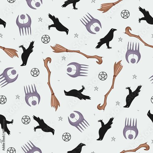 A seamless pattern with a broomstick, a Hair comb and a raven. Pattern on Halloween and Walpurgis Night.