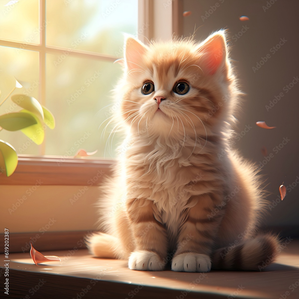 Cute kitten at window. AI generative