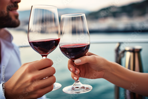 Young couple toasting with a glasses of red wine on a luxury yacht close up