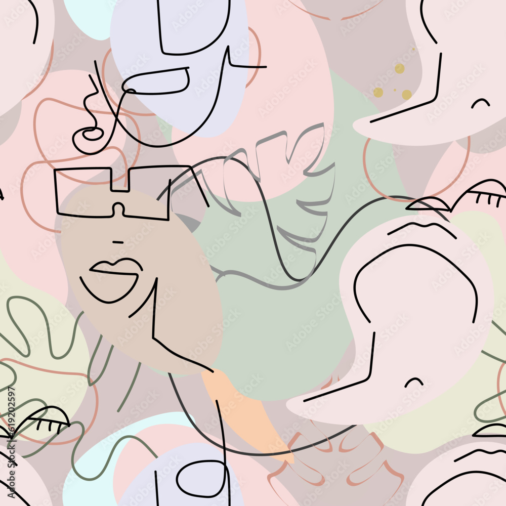 One line drawing. Abstract face seamless pattern. One line drawing. Abstract face seamless pattern.
