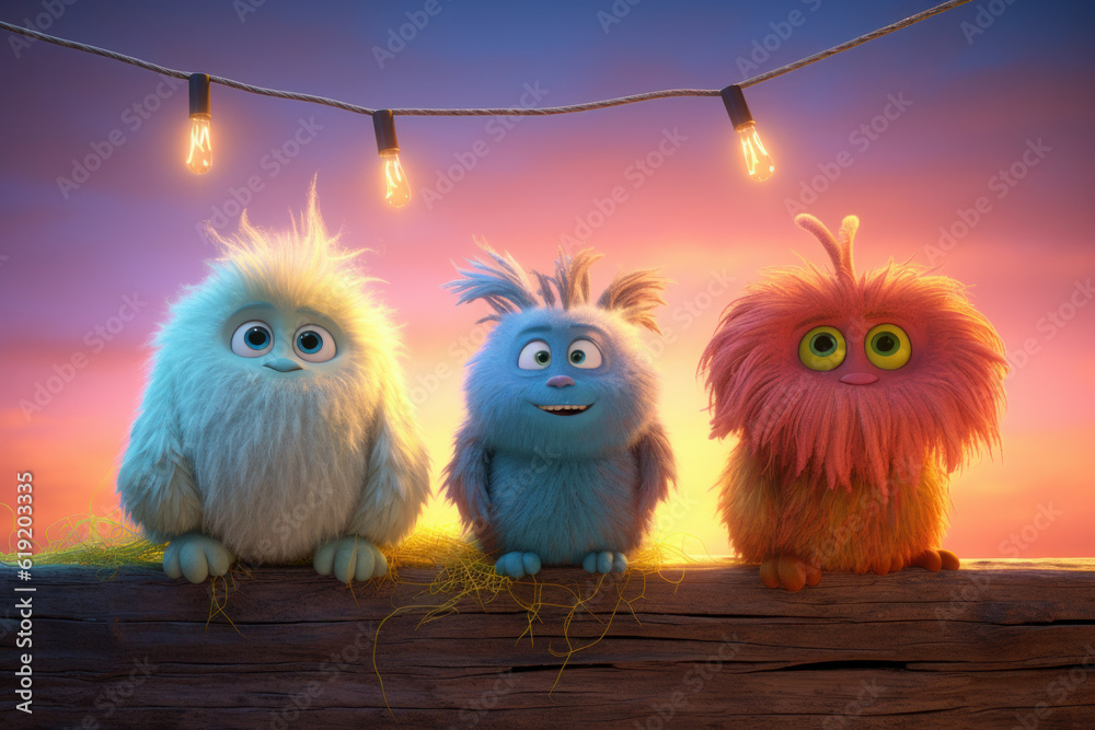 Cute fluffy monsters are sitting like birds on a tree stump. Generative AI