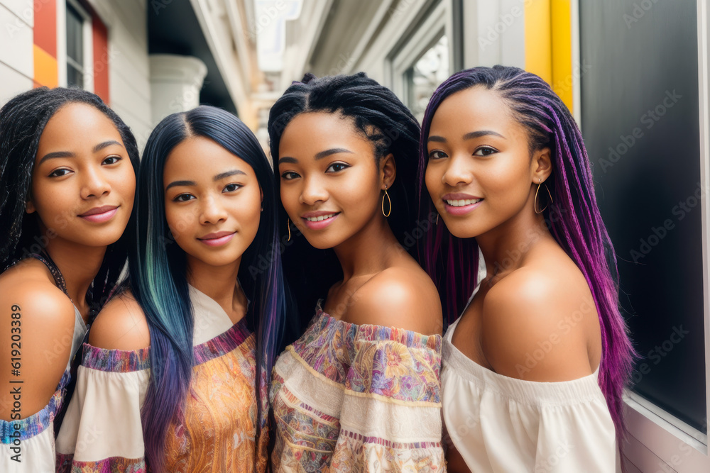Obraz premium Digital photo of Group of cheerful college women, standing in the campus of the university or college. Back to School concept. Generative AI