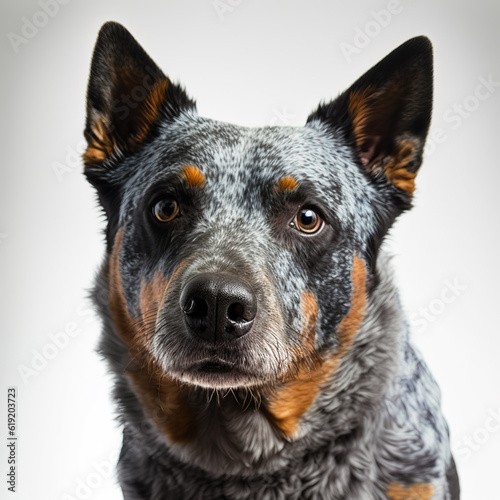 Australian blue heeler cattle dog sutdio portrait as domestic herder pet in ravishing hyper realistic closeup portrait in black isolated background by Generative AI. photo