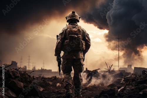a soldier on his back in a post-apocalyptic war zone in an armageddon situation