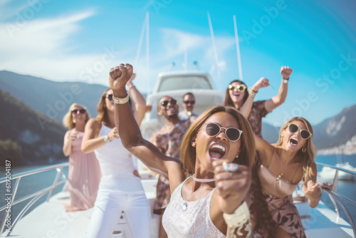Group of mix race young people having a party on the luxury yacht