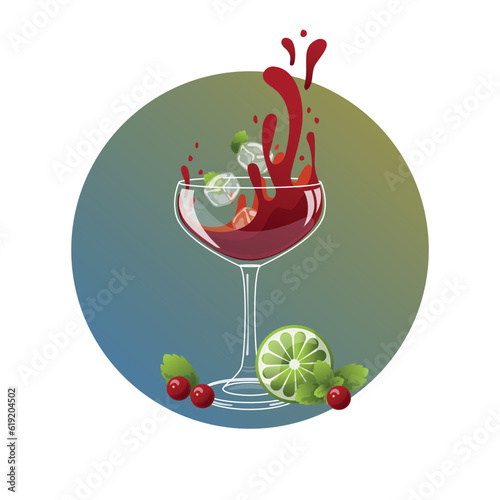Summer refreshing cocktail - bright vector illustration on the theme of sangria, wine, cocktails with ice. Splashes, taste, juiciness. Menu or recipe book