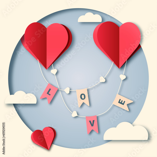 Нearts in the clouds tied with the word love