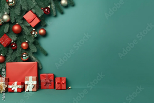 Christmas gifts on a green background, copy space