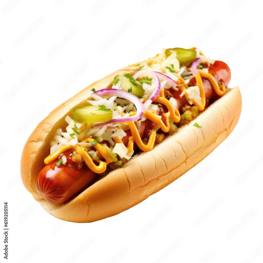 Delicious hot dogs fully loaded isolated on transparent background. Generative ai Delicious hot dogs fully loaded isolated on transparent background. Generative ai