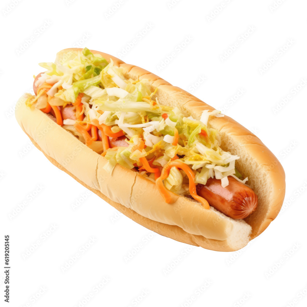 Delicious hot dogs fully loaded isolated on transparent background. Generative ai Delicious hot dogs fully loaded isolated on transparent background. Generative ai